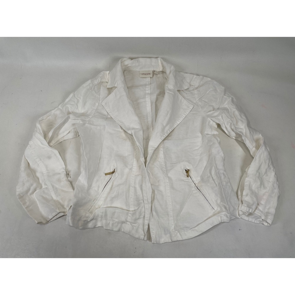 Chicos White 100% Linen Blazer Jacket Size 1 Womens Collared Zip Pockets